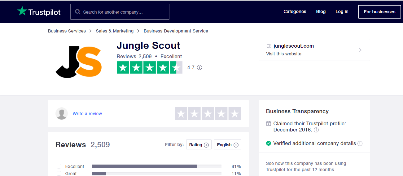 Jungle Scout Trust Pilot Reviews