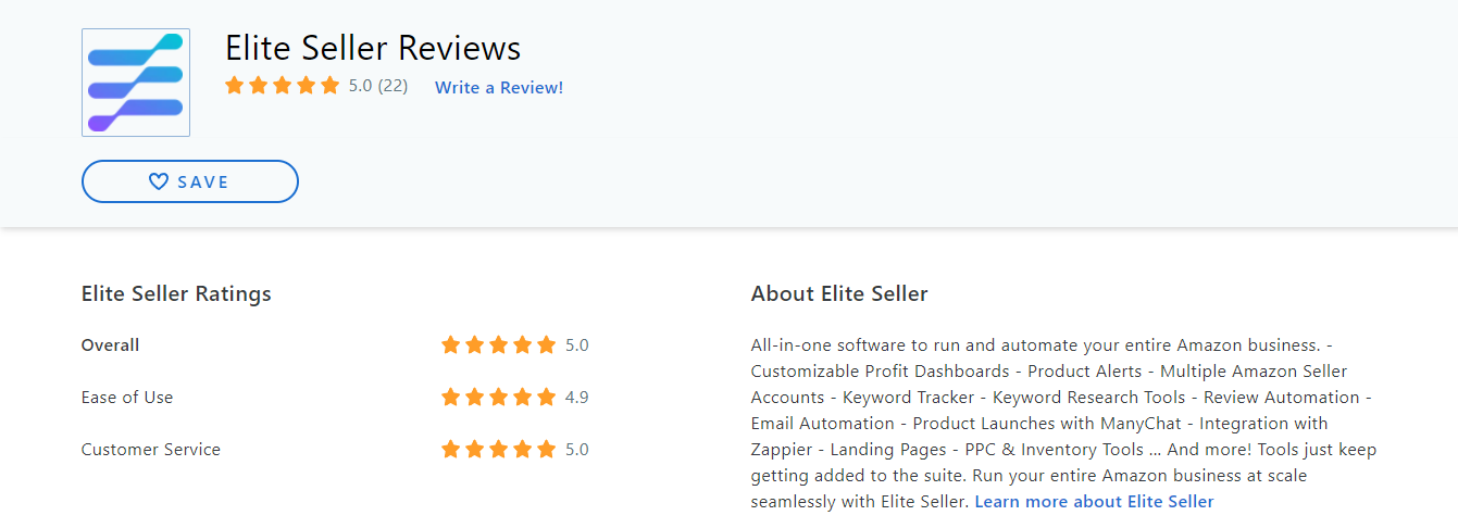 Elite Seller has amassed an impressive 5-star rating on Capterra with 22 verified reviews.