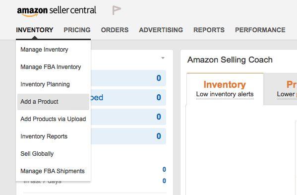 A screenshot showing where the add a product button is on the Amazon Seller Central menu.